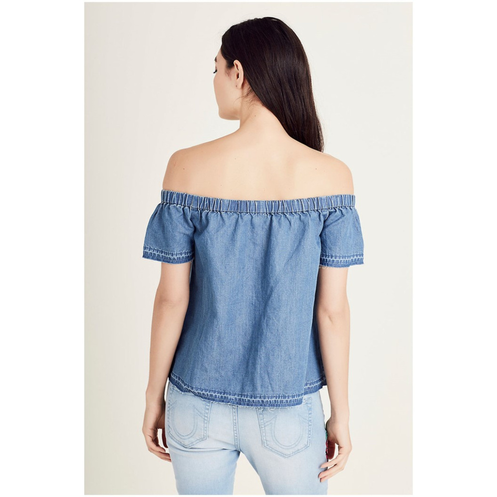 True Religion Women's Off The Shoulder Top in Indigo - Picture 2 of 5
